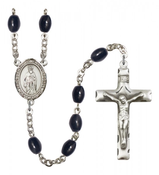 Men's St. Bartholome with the Apostle Silver Plated Rosary - Black Oval