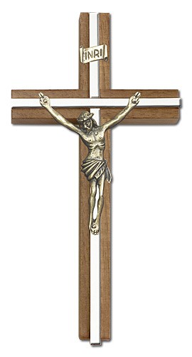 Classic Crucifix Wall Cross in Walnut and Metal Inlay 6&quot; - Two-Tone Silver