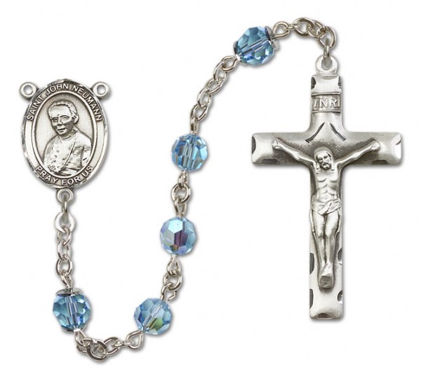 St.  John Neumann Sterling Silver Heirloom Rosary Squared Crucifix - Aqua