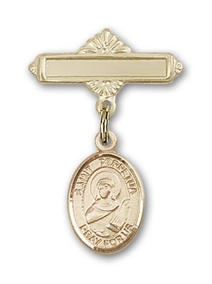 Pin Badge with St. Perpetua Charm and Polished Engravable Badge Pin - Gold Tone