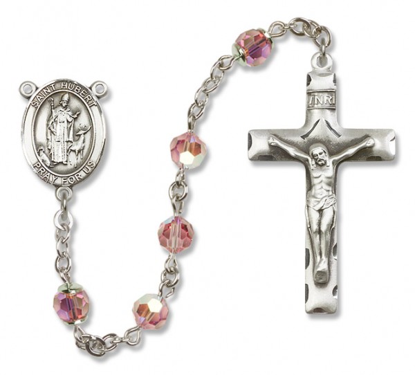 St. Hubert of Liege Sterling Silver Heirloom Rosary Squared Crucifix - Light Rose