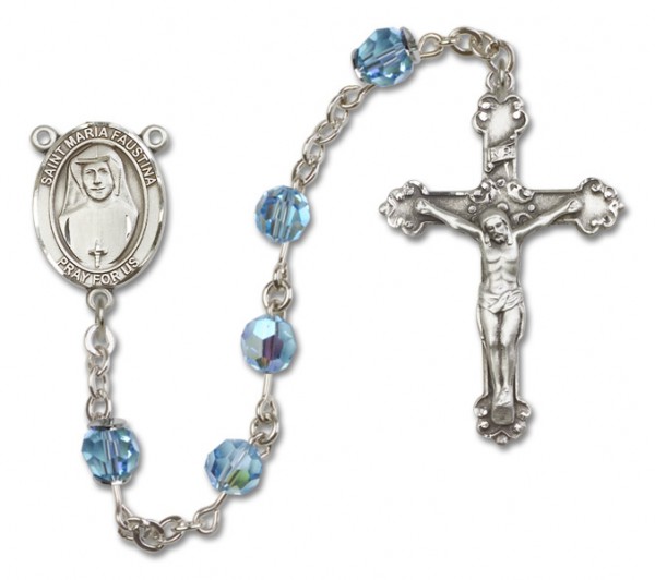 St. Maria Faustina Sterling Silver Heirloom Rosary Fancy Crucifix - Aqua