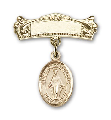 Pin Badge with Our Lady of Lebanon Charm and Arched Polished Engravable Badge Pin - 14K Solid Gold