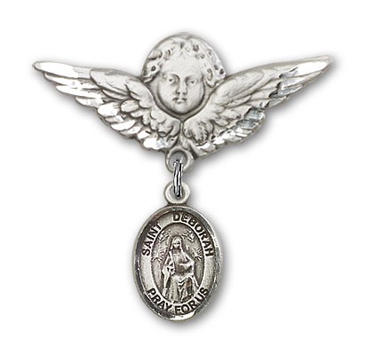 Pin Badge with St. Deborah Charm and Angel with Larger Wings Badge Pin - Silver tone