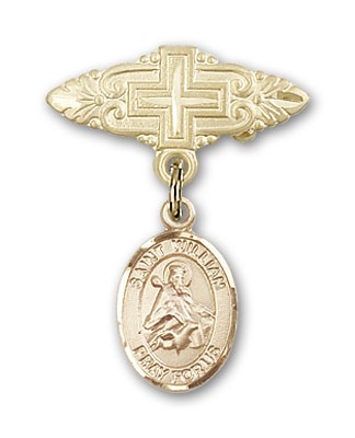 Pin Badge with St. William of Rochester Charm and Badge Pin with Cross - Gold Tone