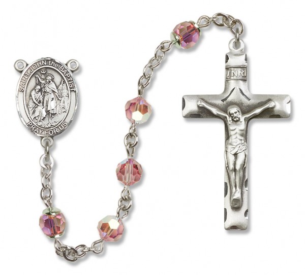 St. John the Baptist Sterling Silver Heirloom Rosary Squared Crucifix - Light Rose