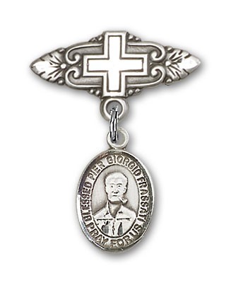 Pin Badge with Blessed Pier Giorgio Frassati Charm and Badge Pin with Cross - Silver tone