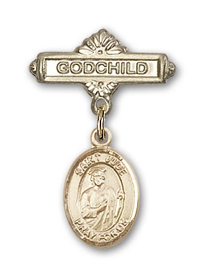 Pin Badge with St. Jude Thaddeus Charm and Godchild Badge Pin - Gold Tone