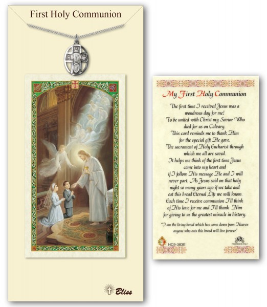 5-Way with Chalice Medal in Pewter with First Holy Communion Prayer Card - Silver tone
