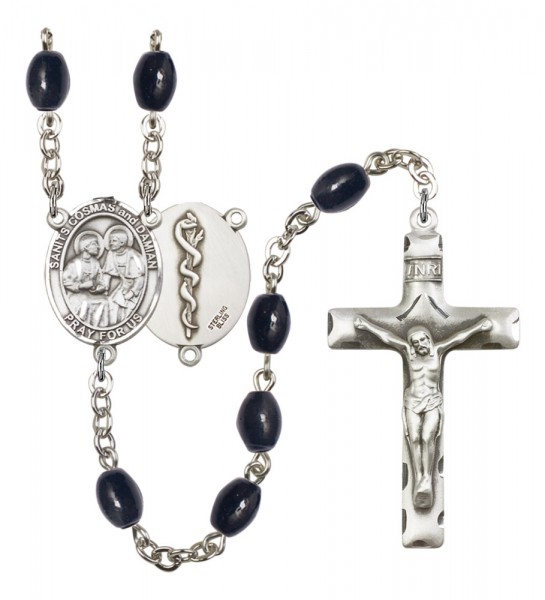 Men's Sts. Cosmas &amp; Damian Doctors Silver Plated Rosary - Black Oval