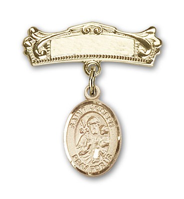 Pin Badge with St. Joseph Charm and Arched Polished Engravable Badge Pin - Gold Tone