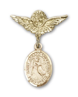 Pin Badge with St. Joseph of Cupertino Charm and Angel with Smaller Wings Badge Pin - 14K Solid Gold