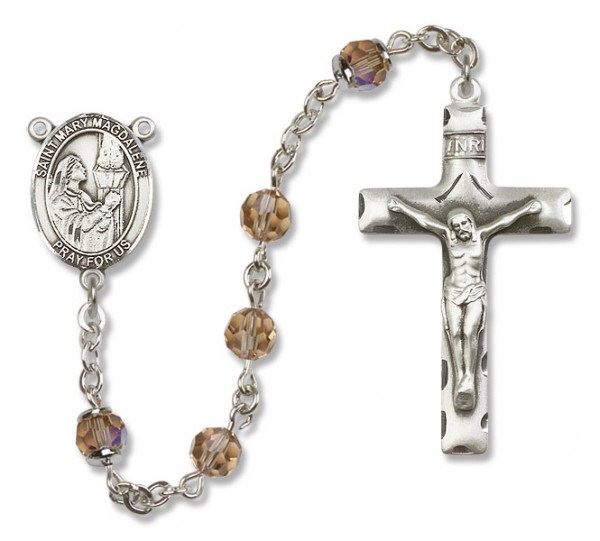 St. Mary Magdalene Sterling Silver Heirloom Rosary Squared Crucifix - Topaz