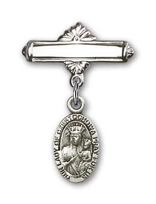 Pin Badge with Our Lady of Czestochowa Charm and Polished Engravable Badge Pin - Silver tone