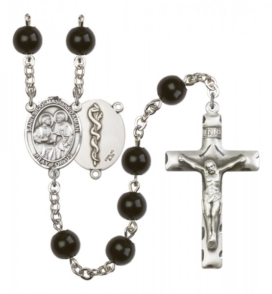 Men's Sts. Cosmas &amp; Damian Doctors Silver Plated Rosary - Black