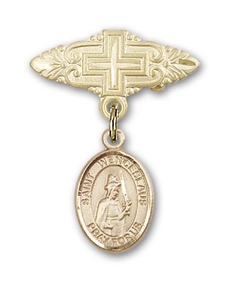 Pin Badge with St. Wenceslaus Charm and Badge Pin with Cross - Gold Tone