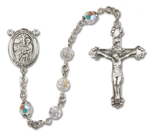 St. Jerome Sterling Silver Heirloom Rosary Fancy Crucifix - Crystal