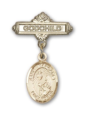 Pin Badge with St. Margaret Mary Alacoque Charm and Godchild Badge Pin - 14K Solid Gold