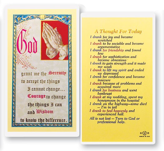 Thought For Today Alcohol Anonymous Laminated Prayer Card - 25 Cards Per Pack .80 per card