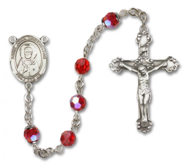 St.  John Chrysostom Sterling Silver Heirloom Rosary Fancy Crucifix - Ruby Red