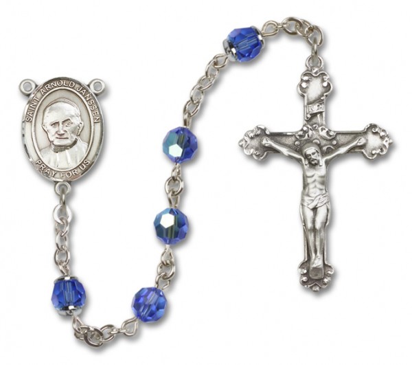 St. Arnold Janssen Sterling Silver Heirloom Rosary Fancy Crucifix - Sapphire