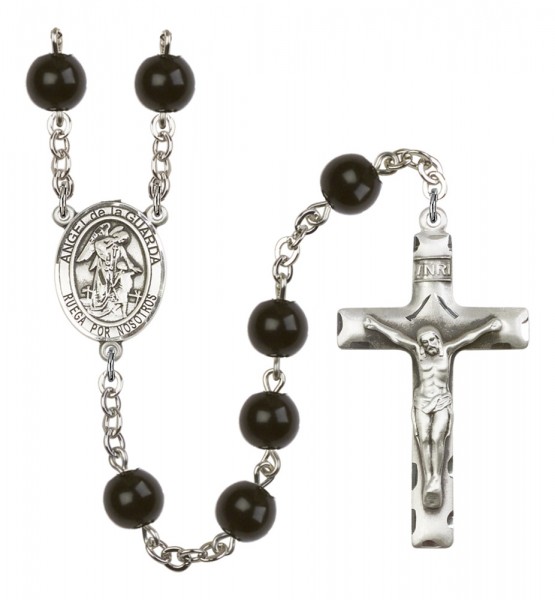 Men's Angel de la Guardia Silver Plated Rosary - Black