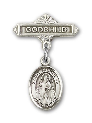 Pin Badge with St. Nicholas Charm and Godchild Badge Pin - Silver tone