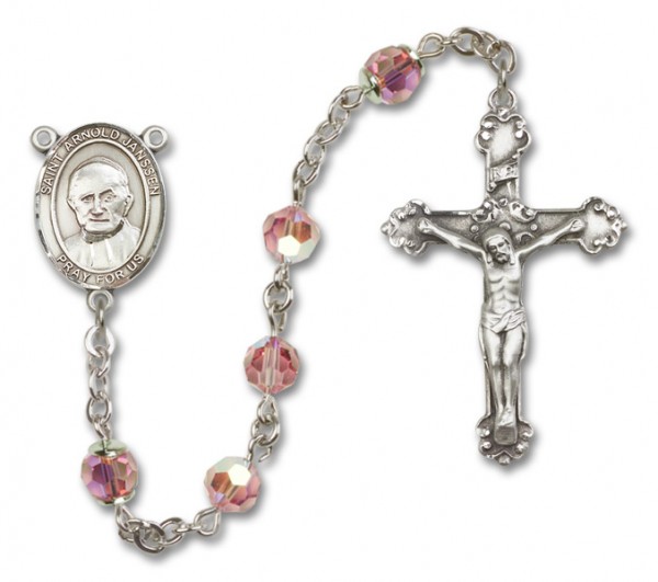 St. Arnold Janssen Sterling Silver Heirloom Rosary Fancy Crucifix - Light Rose