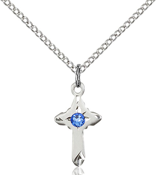 Child's Pointed Edge Cross Pendant with Birthstone Options - Sapphire