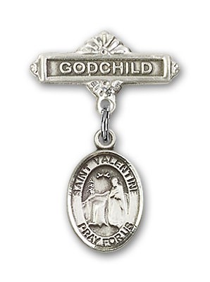 Pin Badge with St. Valentine of Rome Charm and Godchild Badge Pin - Silver tone