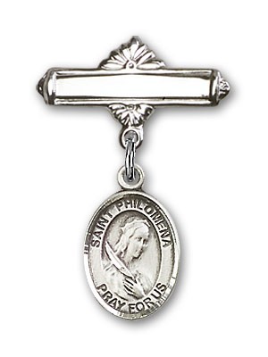 Pin Badge with St. Philomena Charm and Polished Engravable Badge Pin - Silver tone