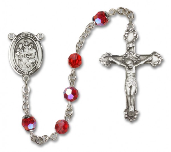 Holy Family Sterling Silver Heirloom Rosary Fancy Crucifix - Ruby Red
