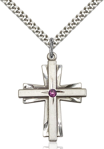 Large Women's Cross on Cross Pendant with Birthstone Options - Amethyst
