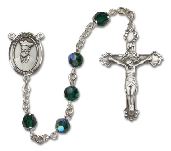 St. Philip Neri Sterling Silver Heirloom Rosary Fancy Crucifix - Emerald Green