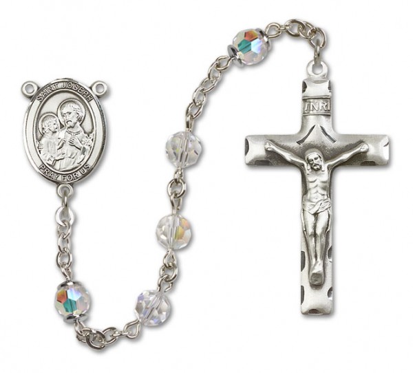 St. Joseph Sterling Silver Heirloom Rosary Squared Crucifix - Crystal