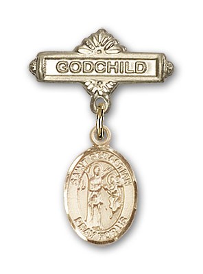 Pin Badge with St. Sebastian Charm and Godchild Badge Pin - 14K Solid Gold