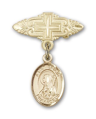 Pin Badge with St. Brigid of Ireland Charm and Badge Pin with Cross - 14K Solid Gold