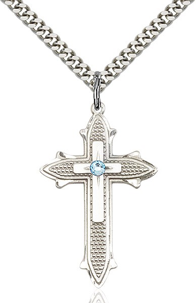 Large Women's Polished and Textured Cross Pendant with Birthstone Option - Aqua