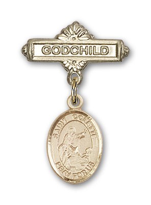 Pin Badge with St. Colette Charm and Godchild Badge Pin - 14K Solid Gold
