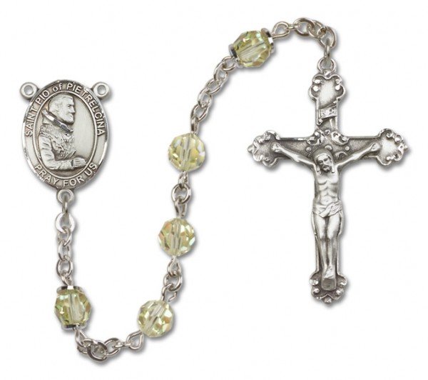 St. Pio of Pietrelcina Sterling Silver Heirloom Rosary Fancy Crucifix - Zircon