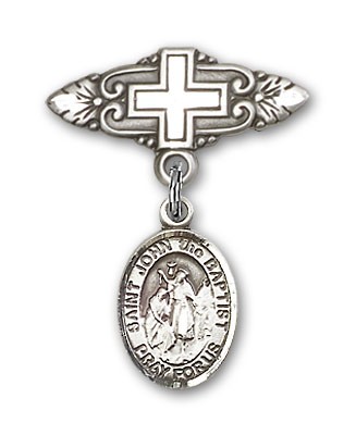 Pin Badge with St. John the Baptist Charm and Badge Pin with Cross - Silver tone