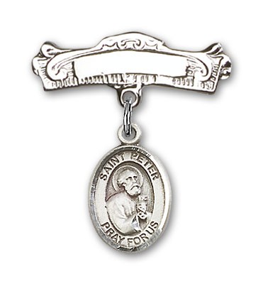 Pin Badge with St. Peter the Apostle Charm and Arched Polished Engravable Badge Pin - Silver tone