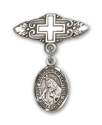 Pin Badge with St. Margaret of Cortona Charm and Badge Pin with Cross - Silver tone