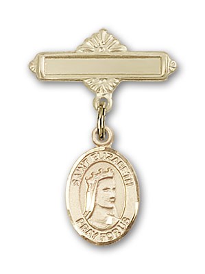 Pin Badge with St. Elizabeth of Hungary Charm and Polished Engravable Badge Pin - 14K Solid Gold