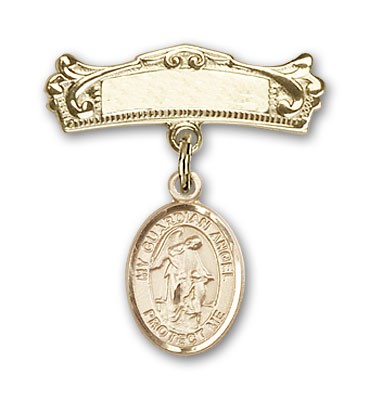 Pin Badge with Guardian Angel Charm and Arched Polished Engravable Badge Pin - 14K Solid Gold