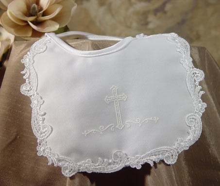 Girls Poly Satin Baptism Bib with Puff Ink Cross &amp; Venise Lace - White