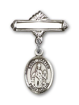 Pin Badge with St. Walter of Pontnoise Charm and Polished Engravable Badge Pin - Silver tone