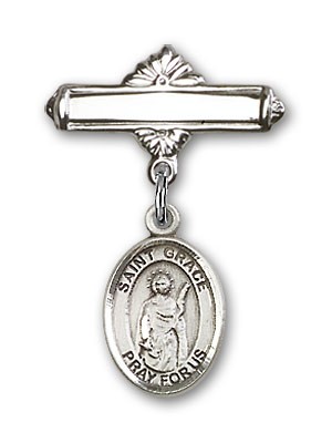 Pin Badge with St. Grace Charm and Polished Engravable Badge Pin - Silver tone
