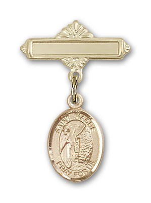 Pin Badge with St. Fiacre Charm and Polished Engravable Badge Pin - Gold Tone