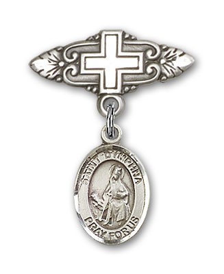 Pin Badge with St. Dymphna Charm and Badge Pin with Cross - Silver tone